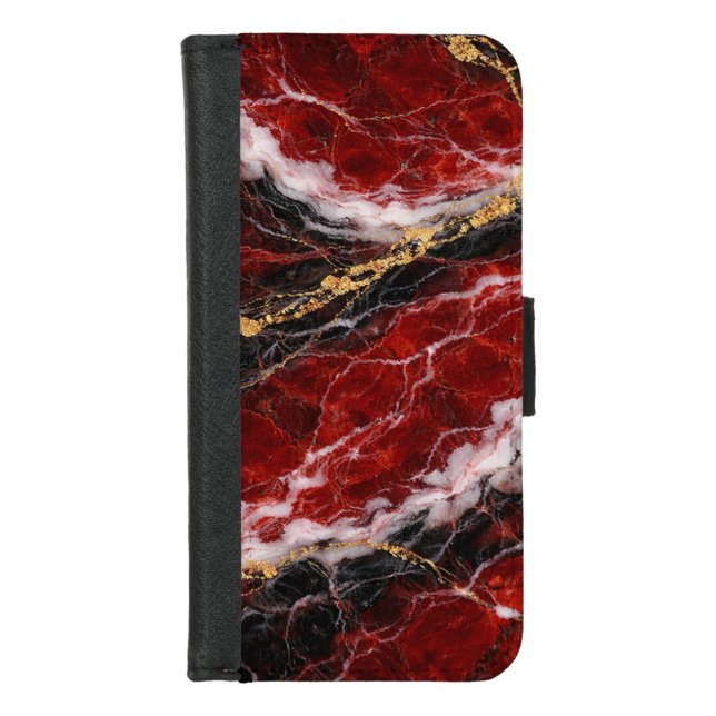 Lipstick Red Marble with Black, White & Gold Veins iPhone Wallet Case (Front)