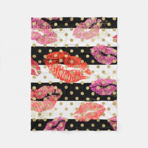 Lipstick Stains Lips Kisses with Stripes Gold Dots Fleece Blanket