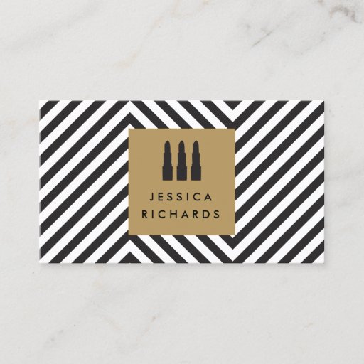 Customizable Lipstick Trio Logo with Retro Black/White Pattern Business Card