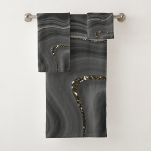 Liquid Black Gray White Agate Glitter Dream #2 Bath Towel Set