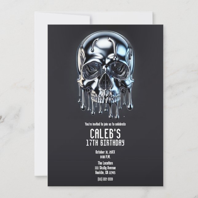 Liquid Chrome Silver Drip Skull Birthday Party Invitation (Front)