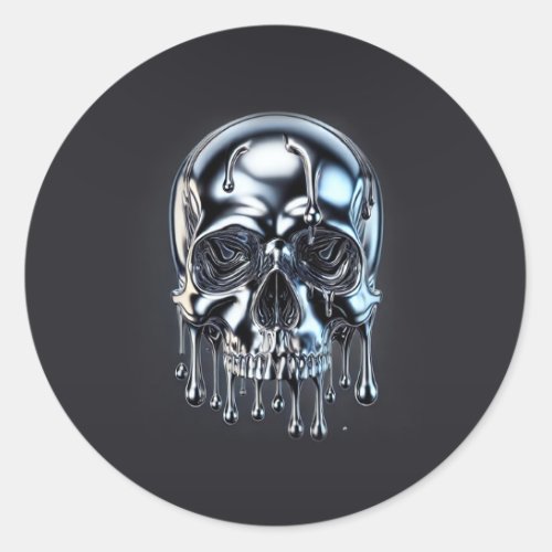Liquid Chrome Silver Drip Skull Halloween Party Classic Round Sticker