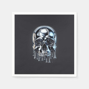 Liquid Chrome Silver Drip Skull Halloween Party Napkins