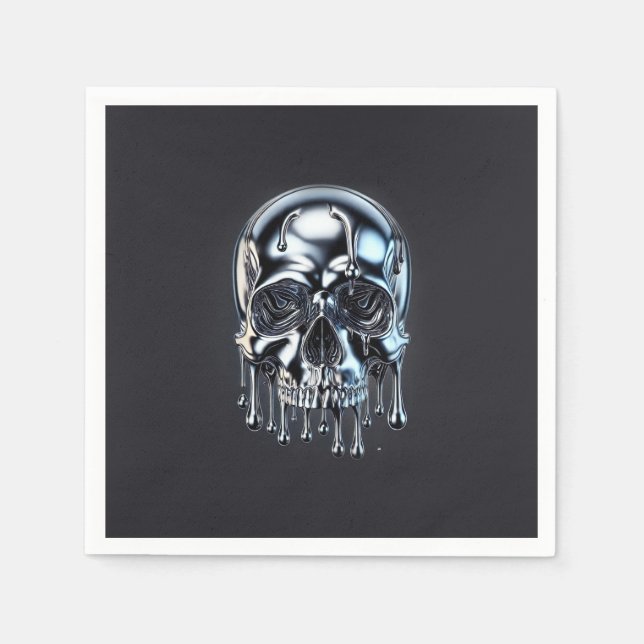 Liquid Chrome Silver Drip Skull Halloween Party Napkins (Front)