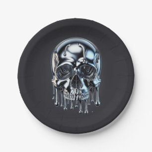 Liquid Chrome Silver Drip Skull Halloween Party Paper Plates