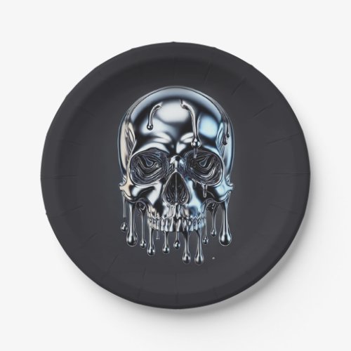 Liquid Chrome Silver Drip Skull Halloween Party Paper Plates