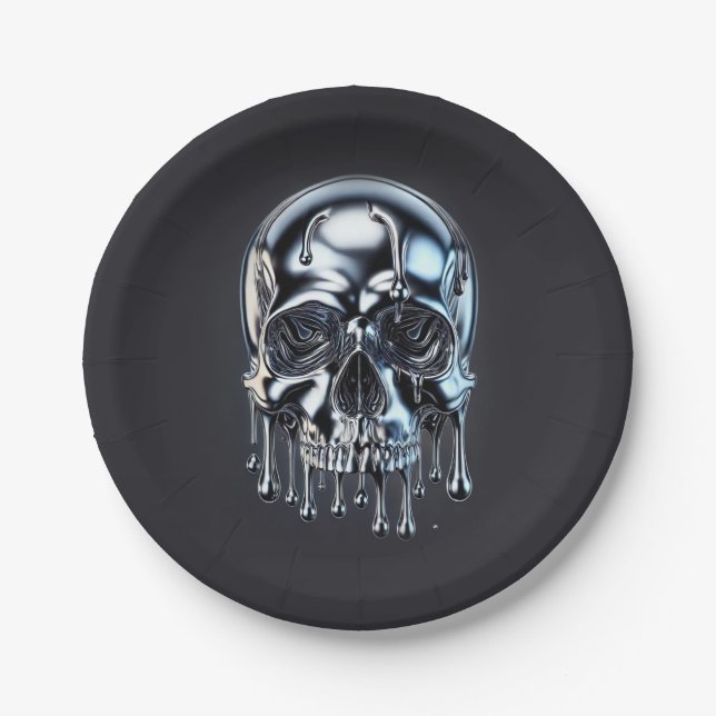 Liquid Chrome Silver Drip Skull Halloween Party Paper Plates (Front)