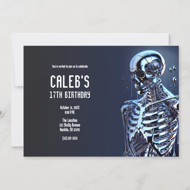 Liquid Chrome Silver Skeleton Robot Birthday Party Invitation (Front)