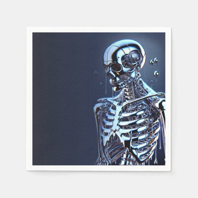 Liquid Chrome Silver Skeleton Robot Birthday Party Napkins (Front)