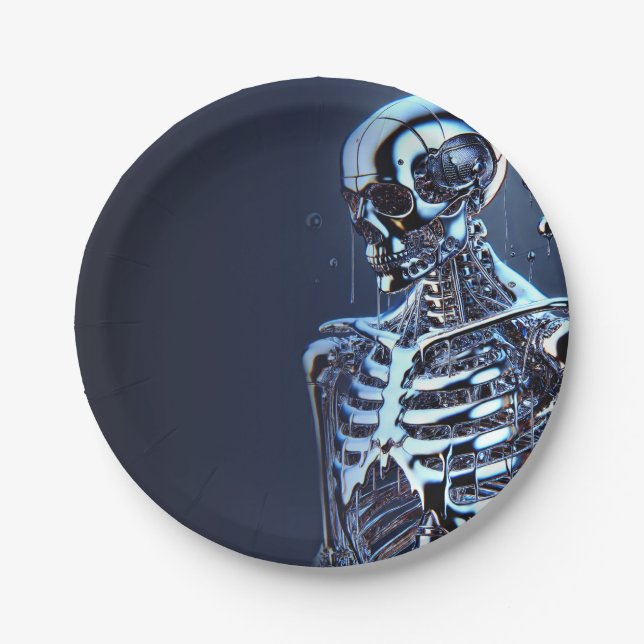 Liquid Chrome Silver Skeleton Robot Birthday Party Paper Plates (Front)