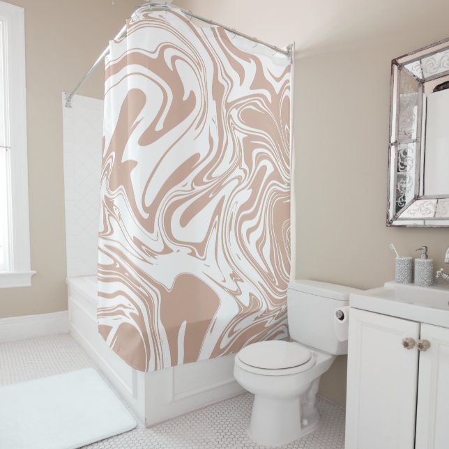 Liquid Contemporary Cafe Beige Marble Swirls Shower Curtain (In Situ)