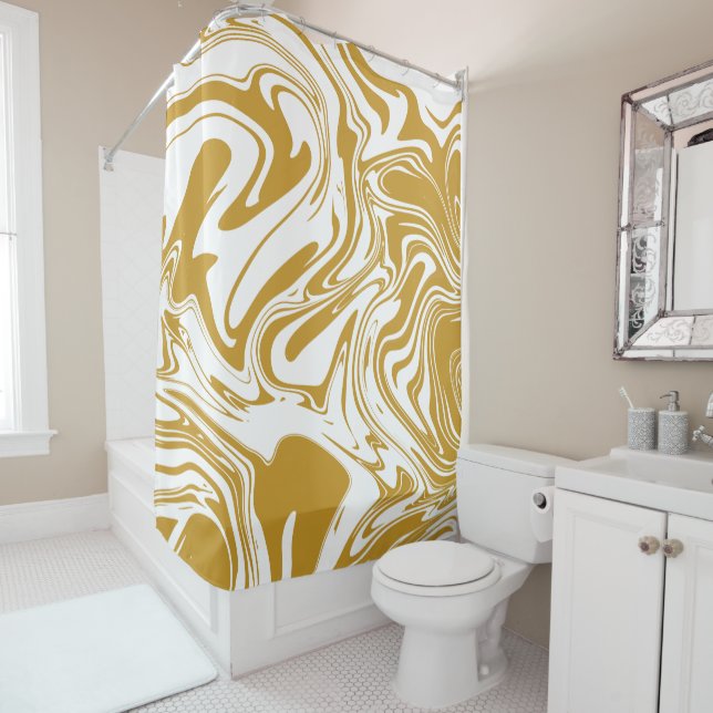 Liquid Contemporary Yellow Ochre Marble Swirls Shower Curtain (In Situ)