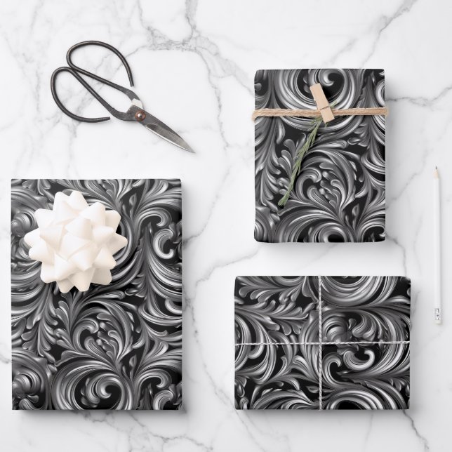 Liquid Elegance - Metallic Black liquid pattern Wrapping Paper Sheets (Front)