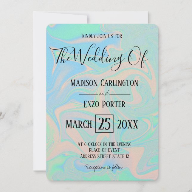 Liquid faux holographic iridescent texture invitation (Front)