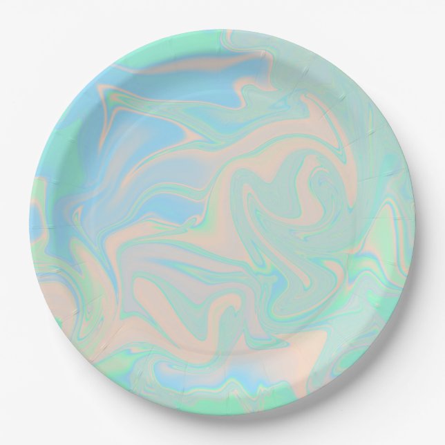 Liquid faux holographic iridescent texture paper plates (Front)
