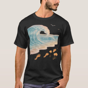 Liquid Glass Beach with Floral Footprints T-Shirt