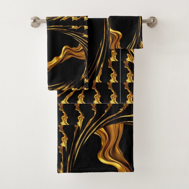 Liquid Gold Black Monochrome Opulent Swirl Achempo Bath Towel Set (Insitu)