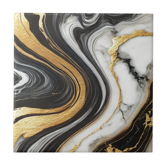 Liquid Gold Black White Marble Look Glam Wedding  Ceramic Tile (Front)
