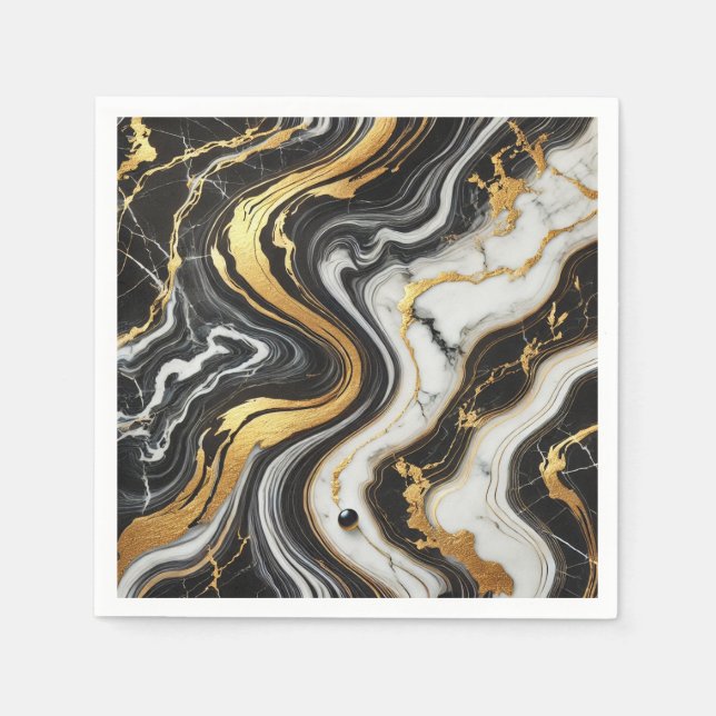 Liquid Gold Black White Marble Look Glam Wedding  Napkins (Front)