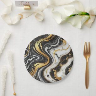 Liquid Gold Black White Marble Look Glam Wedding  Paper Plates