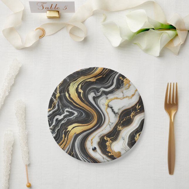 Liquid Gold Black White Marble Look Glam Wedding  Paper Plates (Wedding)