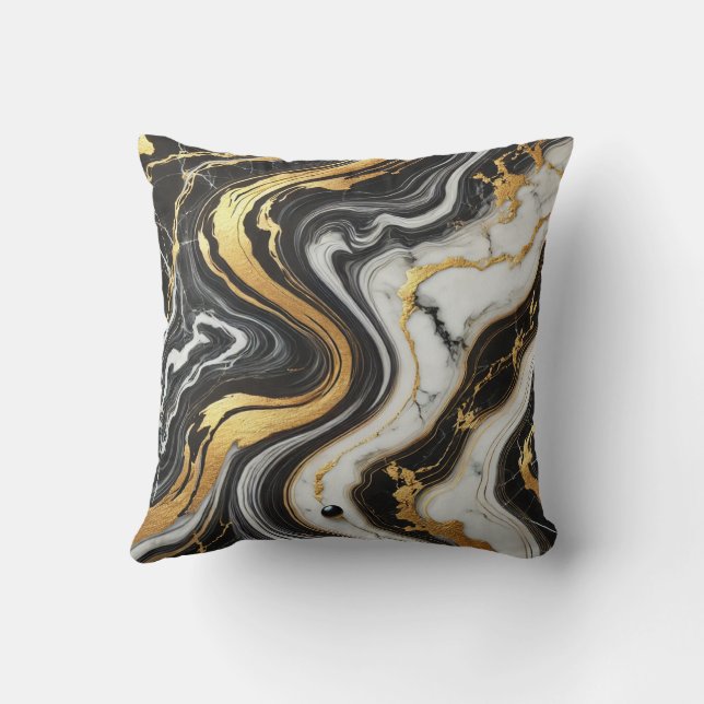 Liquid Gold Black White Marble Look Glam Wedding  Throw Pillow (Back)