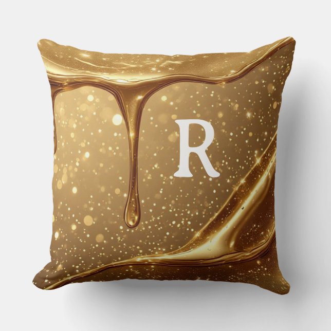 Liquid Gold Drip Glitter Bokeh Luxury Glam Throw Pillow (Front)