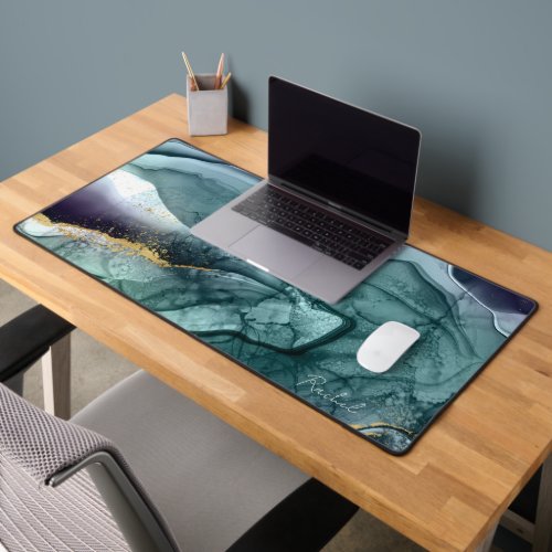 Liquid Ink Abstract Blue Gold  Monogram Name Desk Mat