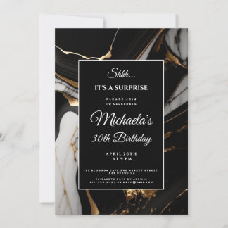 liquid marble gold glitter surprise birthday invitation