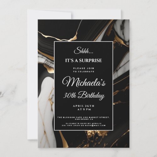 liquid marble gold glitter surprise birthday  invitation