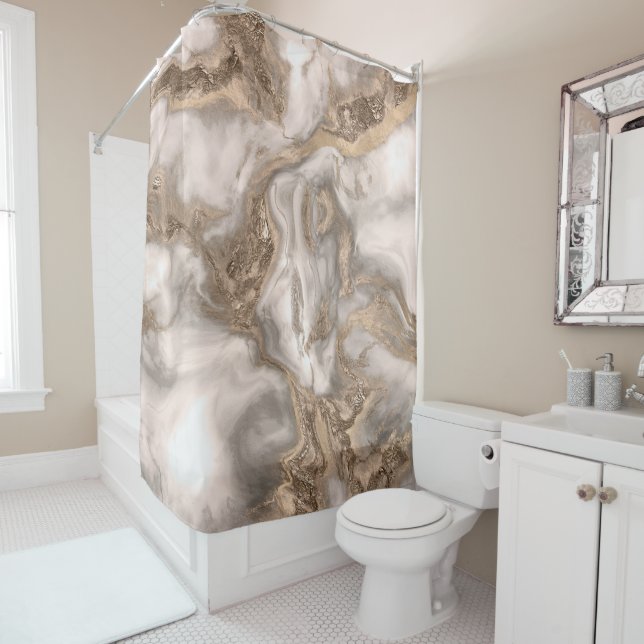 Liquid marble - pearl and gold shower curtain (In Situ)
