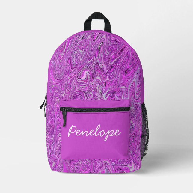 Liquid marble swirl purple pink custom name printed backpack (Front)