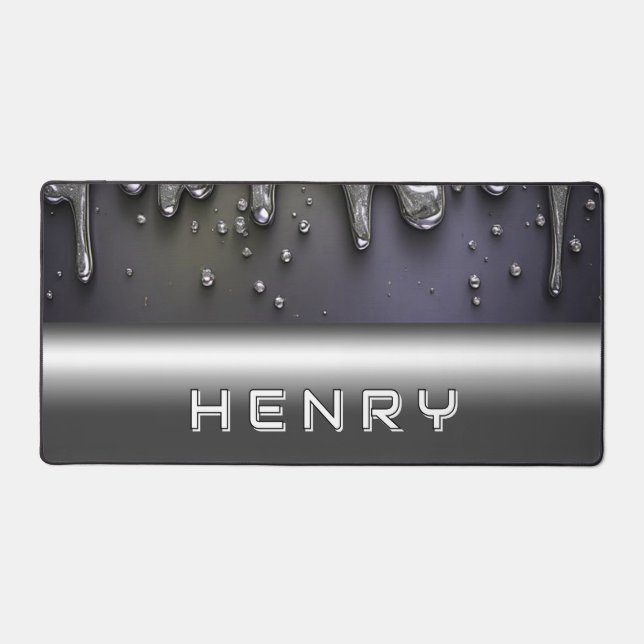 Liquid Metal Dripping Over Silver Chrome Surface Desk Mat (Front)