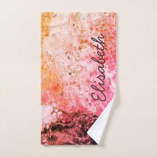 Liquid Paint Abstract Art Pink and Orange Hand Towel