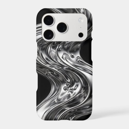 Liquid Silver Chrome Wave Metal Swirl on Black iPhone 17 Pro Case