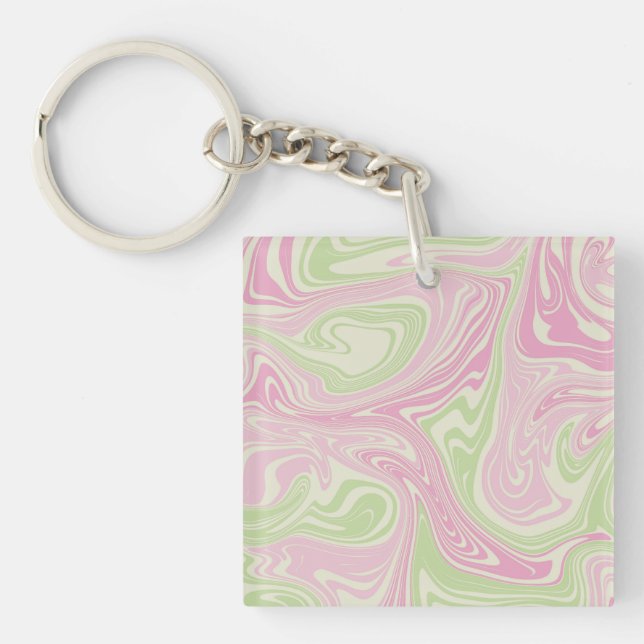 Liquid Swirl Green Pink Pattern Keychain (Front)