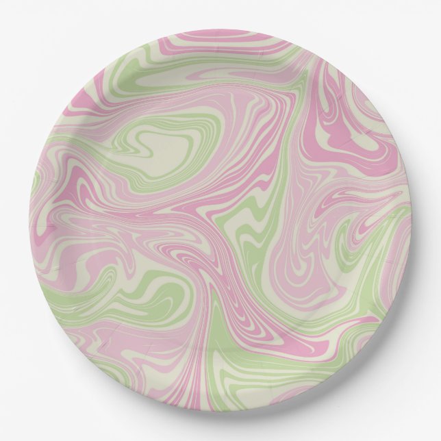 Liquid Swirl Green Pink Pattern Paper Plates (Front)