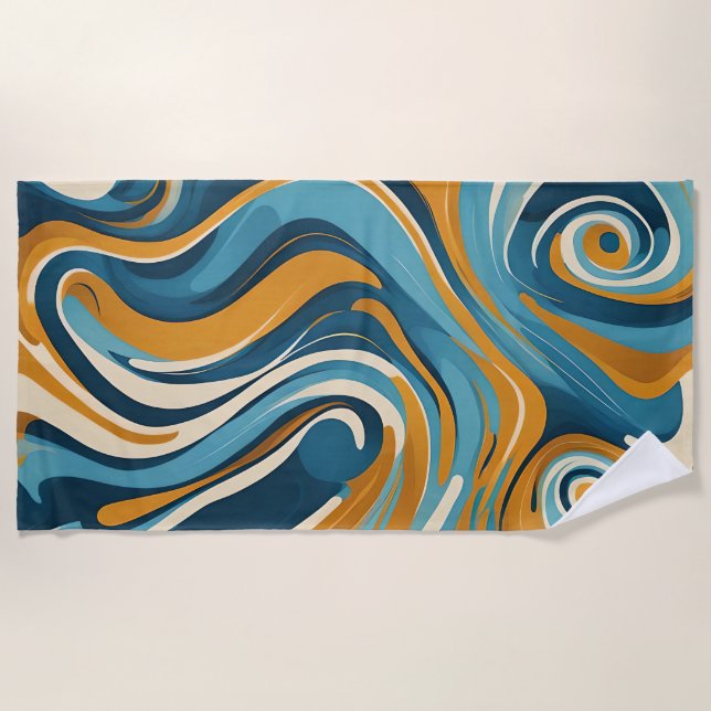 Liquid Swirl Ochre Blue Trippy Pattern Beach Towel (Front)