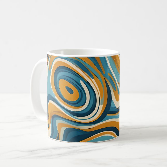 Liquid Swirl Ochre Blue Trippy Pattern Coffee Mug (Front Left)