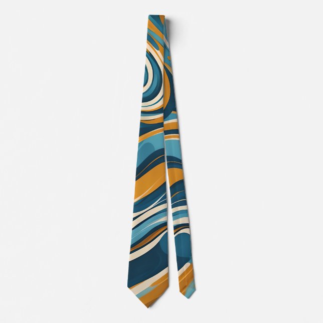 Liquid Swirl Ochre Blue Trippy Pattern Neck Tie (Front)