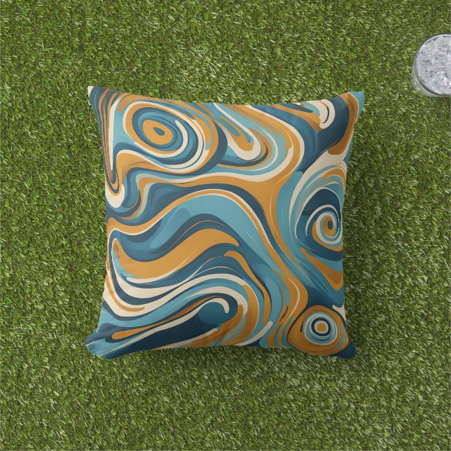 Liquid Swirl Ochre Blue Trippy Pattern Outdoor Pillow (Grass)