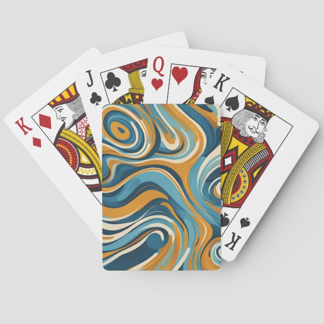 Liquid Swirl Ochre Blue Trippy Pattern Poker Cards (Back)