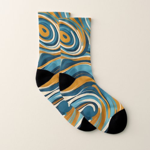 Liquid Swirl Ochre Blue Trippy Pattern Socks