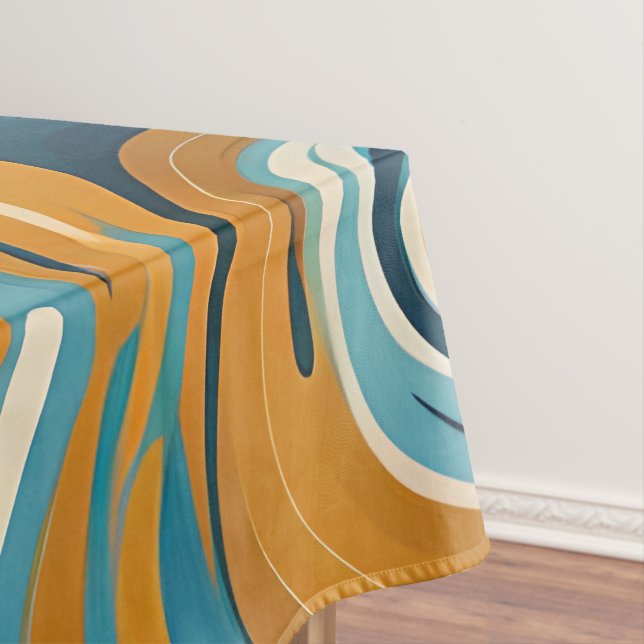 Liquid Swirl Ochre Blue Trippy Pattern Tablecloth (In Situ)