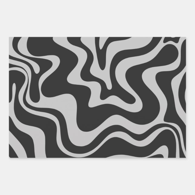 Liquid Swirl Retro Abstract Pattern Black and Gray Wrapping Paper Sheets (Front)