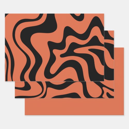 Liquid Swirl Retro Abstract Pattern Black Orange Wrapping Paper Sheets