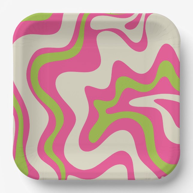 Liquid Swirl Retro Abstract Pattern Hot Pink Lime  Paper Plates (Front)