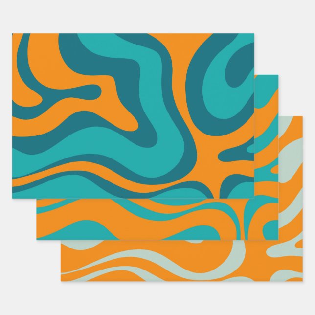 Liquid Swirl Retro Abstract Pattern Teal Orange Wrapping Paper Sheets (Set)
