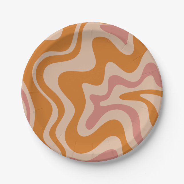 Liquid Swirl Retro Vibe Orange and Dusky Pink Paper Plates (Front)