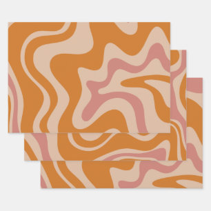 Liquid Swirl Retro Vibe Orange and Dusky Pink Wrapping Paper Sheets